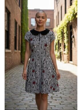 Hell Bunny XS Black and White Striped Dress with Red Rose Print